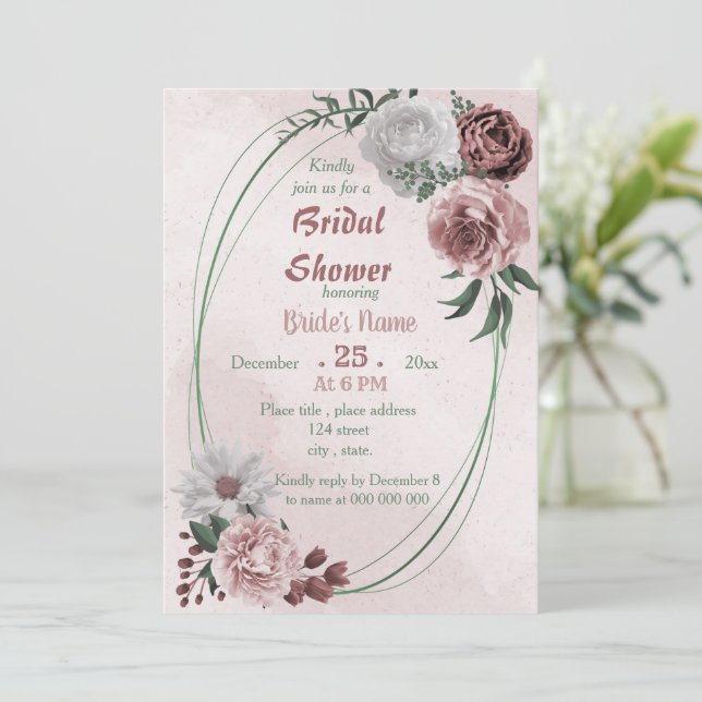 Invitación canela rosa ducha de novia floral blanca (Anverso de pie)