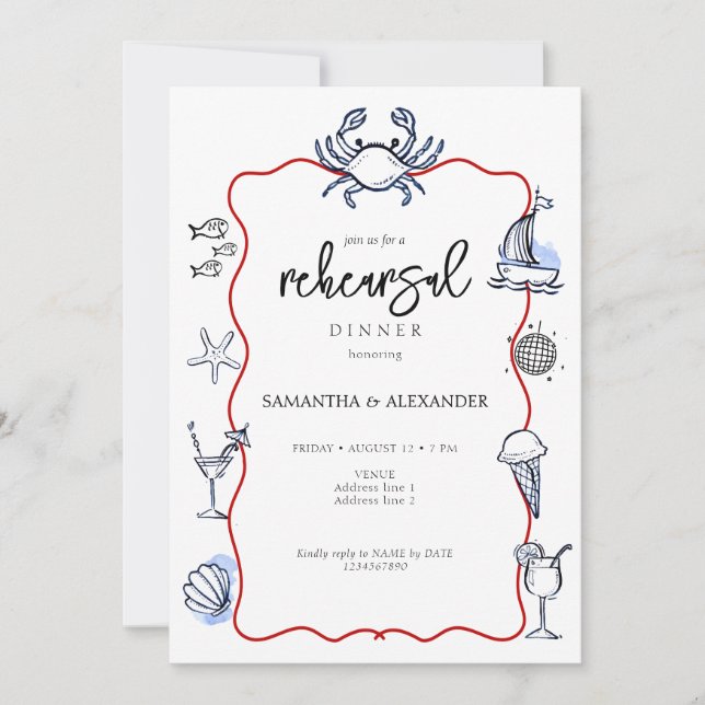 Invitación Cangrejo Azul Doodles Playa Ensayo Cena (Anverso)