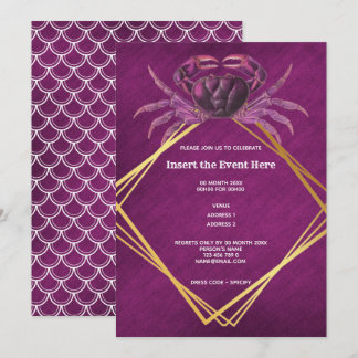 Invitación Cangrejo magenta blanco geométrico brillo dorado m