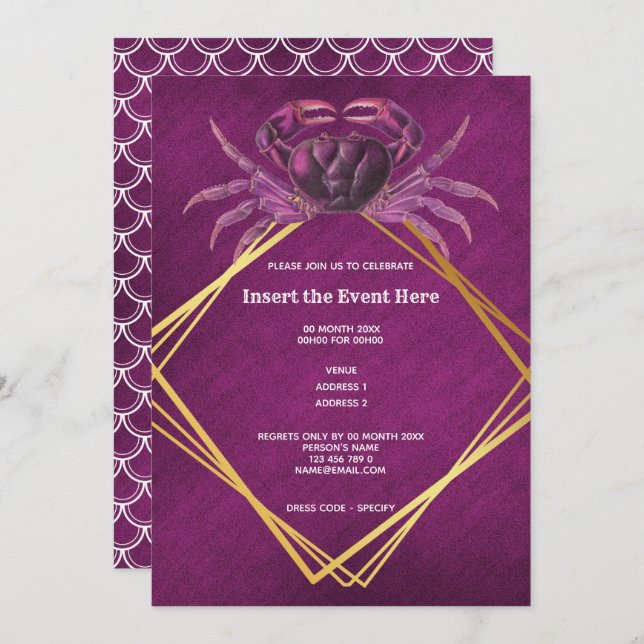 Invitación Cangrejo magenta blanco geométrico brillo dorado m (Anverso / Reverso)