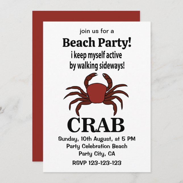 Invitación Cangrejo Me Mantengo Activo Caminando Al Lado Del  (Anverso / Reverso)