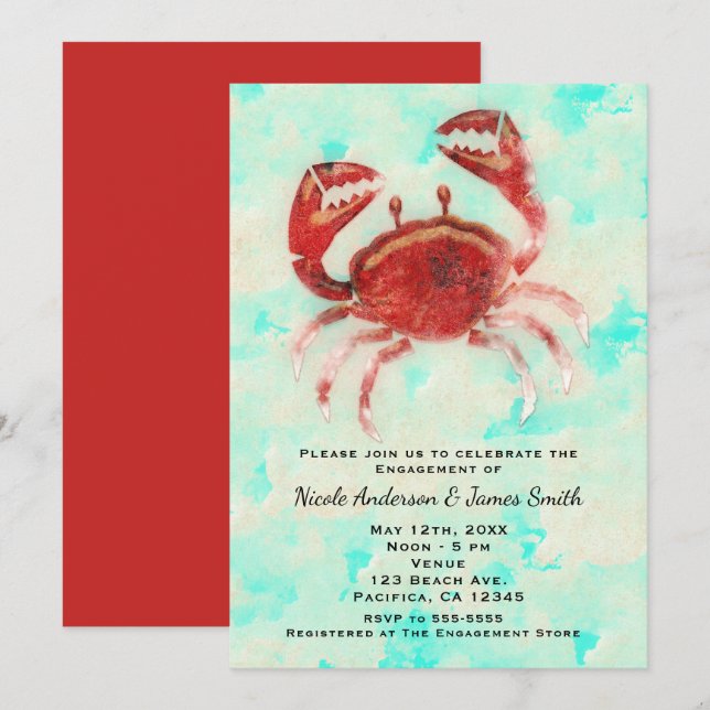 Invitación Cangrejo Rojo Elegante Fiesta de playa ducha de co (Anverso / Reverso)