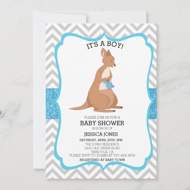 Invitación Canguro Azul Bonito Brillo Chevron Baby Shower (Anverso)
