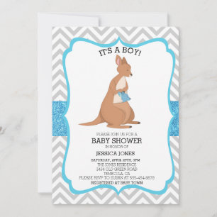 Invitación Canguro Azul Bonito Brillo Chevron Baby Shower