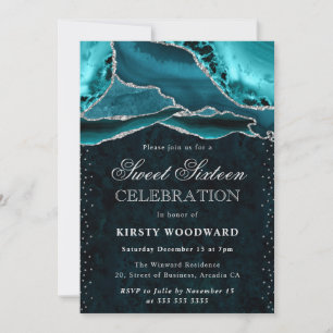 Invitación Canica de Ágata Plateado Verde Glam Cumple Dulces