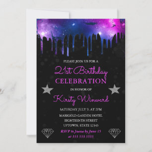 Invitación Canica de Galaxia Azul y Púrpura Cumpleaños 21