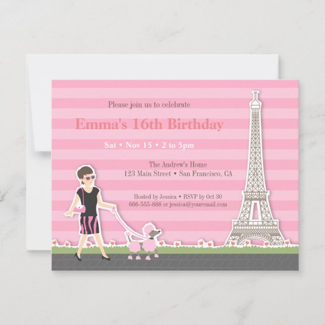 Invitación Caniche elegante Torre Eiffel París Fiesta de Cump (Anverso)