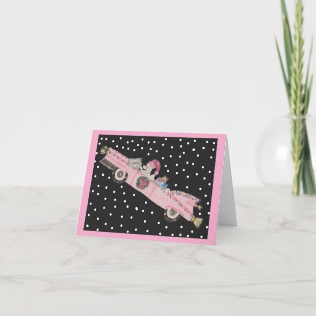 Invitación Caniche en Navidad en un convertible rosa (Anverso)
