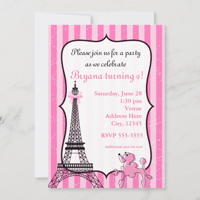 Invitación Caniche en París Torre Eiffel a Rayas Rosa Chic (Anverso)