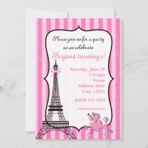 Invitación Caniche en París Torre Eiffel a rayas rosadas Chic