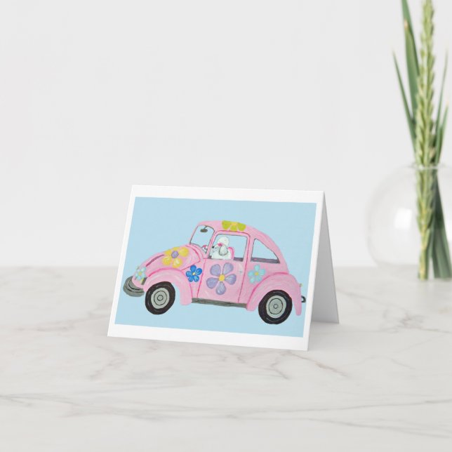 Invitación Caniche Hippie en Coche de Amor de Niño Flor (Anverso)