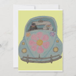Invitación Caniches Hippies en su Coche de Amor de Niño Flor