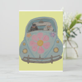 Invitación Caniches Hippies en su Coche de Amor de Niño Flor