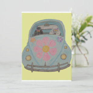 Invitación Caniches Hippies en su Coche de Amor de Niño Flor
