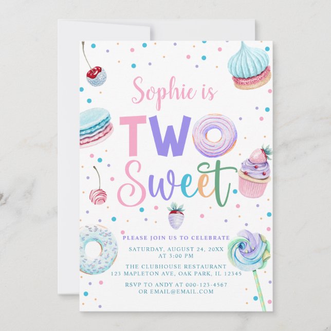Invitación Canndy Donut Two Sweet Birthday Chica (Anverso)