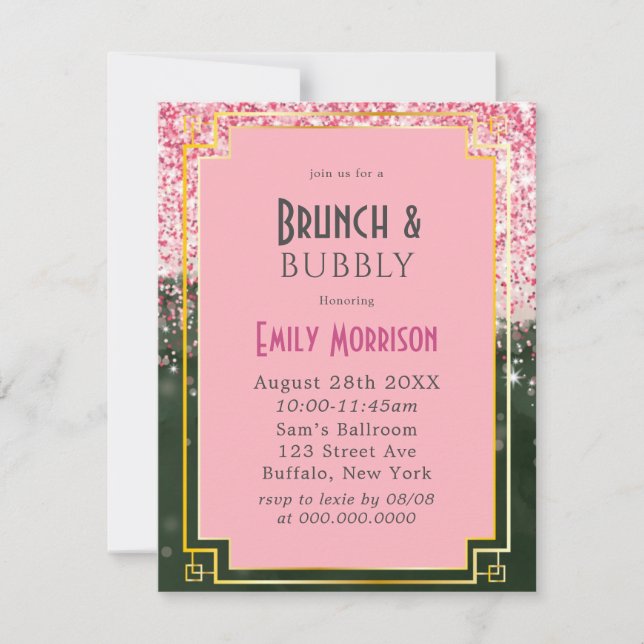 Invitación Cañón verde esmeralda Rosa Art Deco Brunch & Bubbl (Anverso)