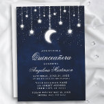 Invitación Cañones de estrellas celestes de la luna iluminan<br><div class="desc">Noche Bajo Las Estrellas Celestial Invitación Quinceanera. Cielo nocturno azul acuarela con estrellas y luna. Luces de cuerdas de bokeh.</div>
