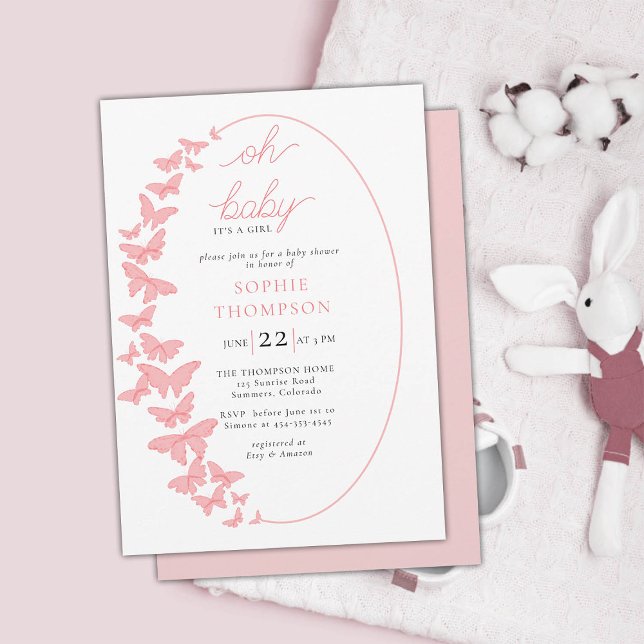 Invitación Cansancio mariposas Boho Chica de Moda Baby Shower (butterfly baby girl shower invitation boho chic romantic coral pink whimsical elegant classy chic)