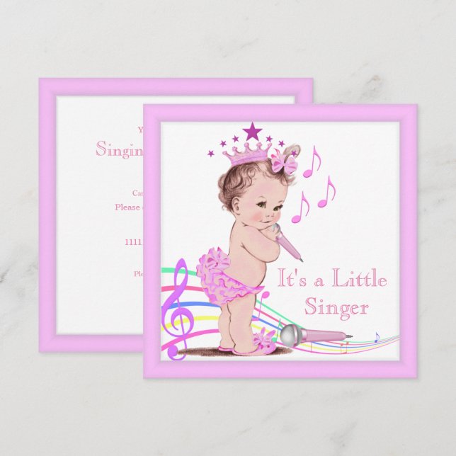 Invitación Canto Baby Shower Cute Chica Pink Music (Anverso / Reverso)