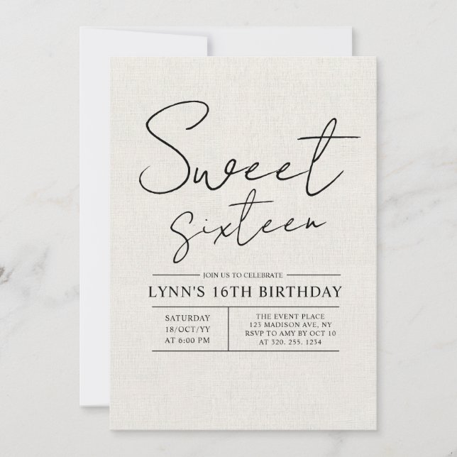 Invitación Canva blanca simple y elegante 16ª fiesta de cumpl (Anverso)