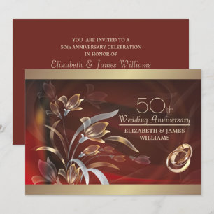 Invitación Caoba Gold Floral 50º Aniversario de Boda