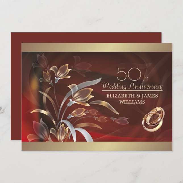 Invitación Caoba Gold Floral 50 Aniversario de Boda  (Anverso / Reverso)
