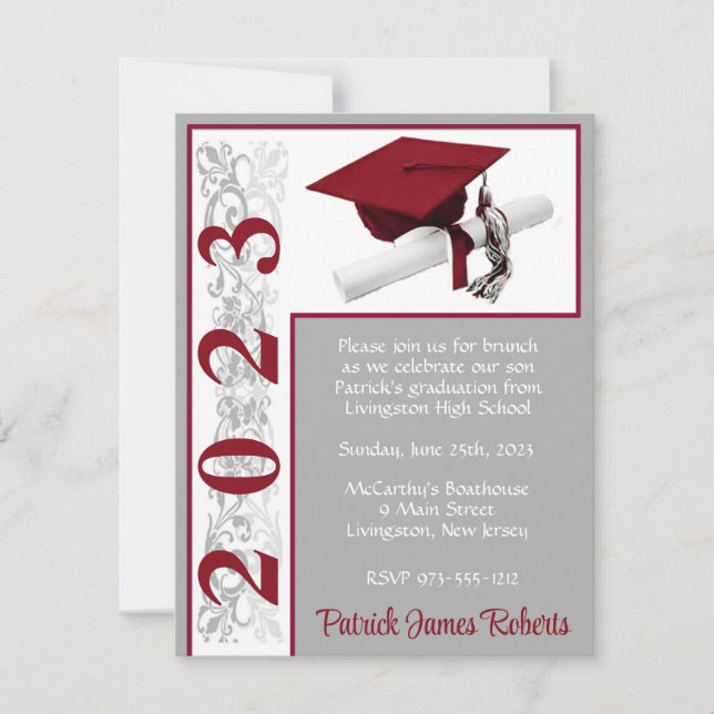 Invitación Cap/Diploma, Cardenal Rojo, Gris, Graduación Blanc (Anverso)