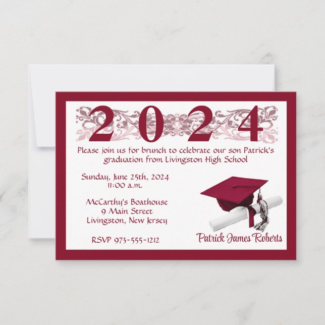 Invitación Cap & Diploma, White & Cardinal Red Graduation (Anverso)