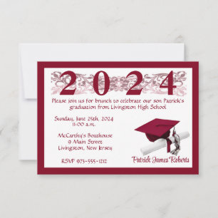 Invitación Cap & Diploma, White & Cardinal Red Graduation