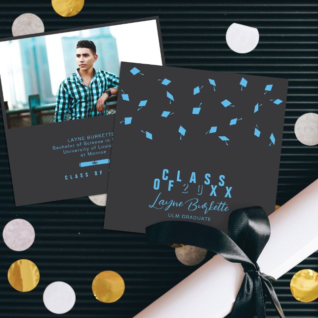 Invitación Cap Toss Gray & Blue Graduation Announcement (Subido por el creador)