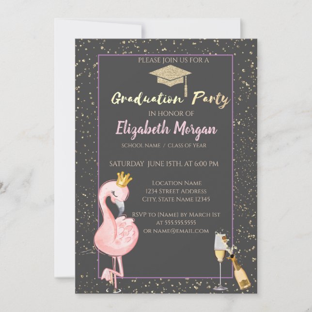 Invitación Capa de Grad purpurina, Confetti, Vino, Corona Fla (Anverso)