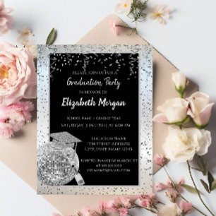 Invitación Capa de graduación de plata, confeti de bola de di