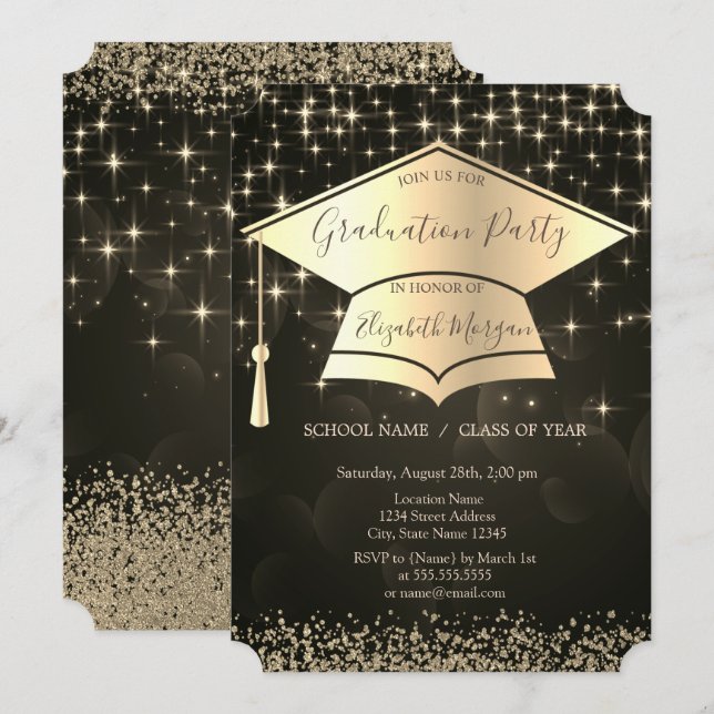 Invitación Capa de graduación dorada, diamantes estrellas gra (Anverso / Reverso)