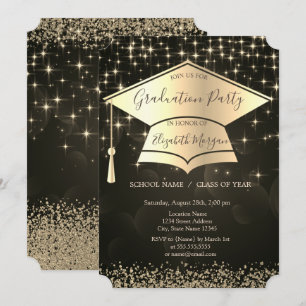 Invitación Capa de graduación dorada, diamantes estrellas gra