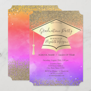 Invitación Capa de graduación dorada, diamantes, gradación de