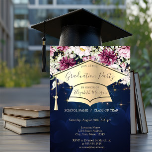Invitación Capa de graduación dorada, estrellas, flores Gradu