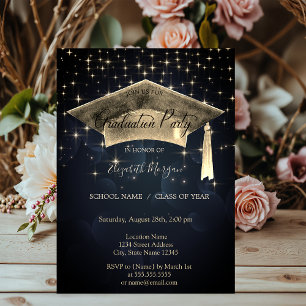 Invitación Capa de graduación dorada, estrellas Graduación az