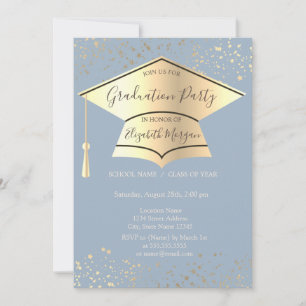 Invitación Capa de graduación dorada, estrellas polvo azul Gr