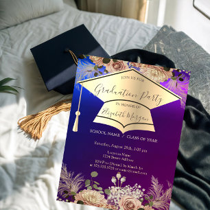 Invitación Capa de graduación dorada, flores de graduación 