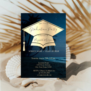 Invitación Capa de graduación dorada, palmas de graduación