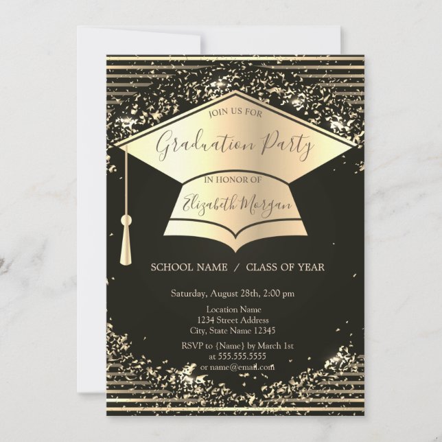Invitación Capa de graduación dorada, rayas de confeti de gra (Anverso)