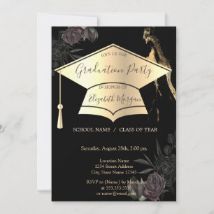 Invitación Capa de graduación dorada Rosas negras Graduación