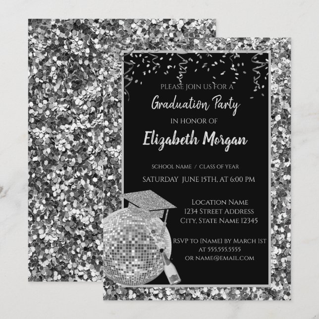 Invitación Capa de graduación plateada, bola de discoteca, vi (Anverso / Reverso)