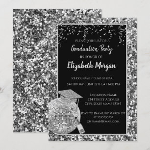 Invitación Capa de graduación plateada, bola de discoteca, vi