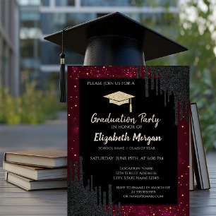 Invitación Capa de graduación purpurina,Confeti negro gotea r