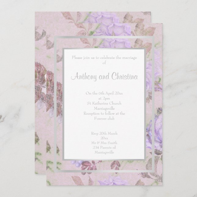 INVITACIÓN CAPA PÚRPURA LILAC ROSA FLORAL ELEGANTE BODA (Anverso / Reverso)