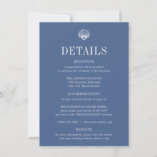 Invitación CAPE COD Coastal Blue Wedding Details Card (Anverso)