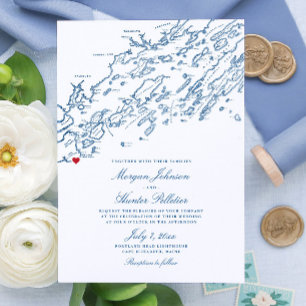 Invitación Cape Elizabeth Maine Elegante Mapa Naval Boda
