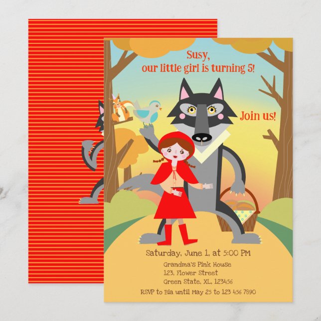 Invitación Caperucita Roja Fiesta de Cumpleaños de Niña (Anverso / Reverso)