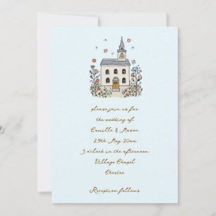 Invitación Capilla caprichosa azul doodle boda